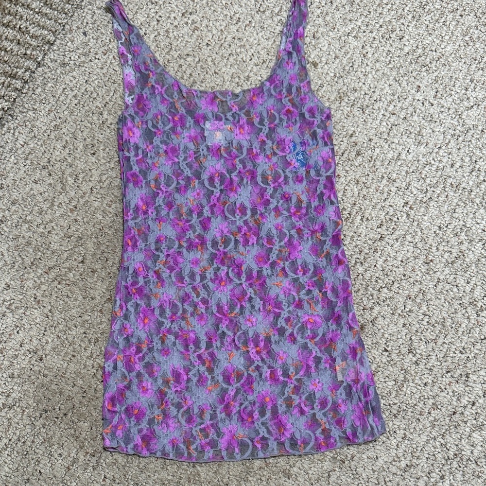 Free People Purple Floral Stretch Lace Tank Top